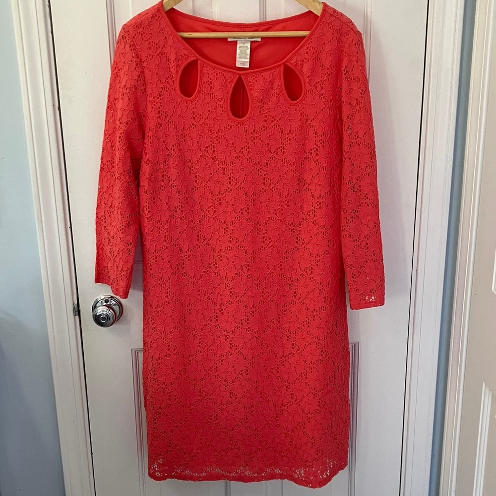 Vibrant Coral Lace Knit Dress size Large, Floral, Spring, Easter, 3/4 sleeve